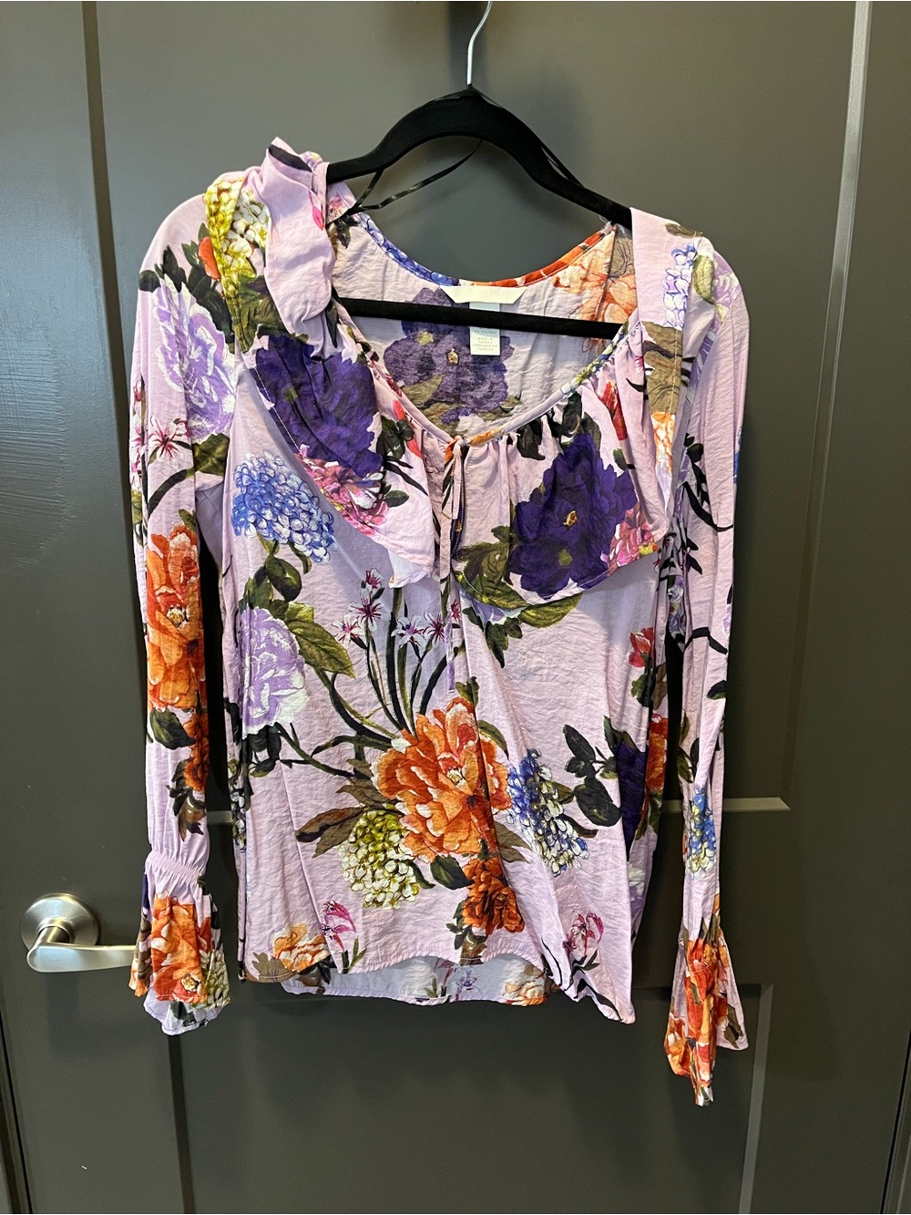 H&M Lavender Floral Ruffle-Neck Long Sleeve Top